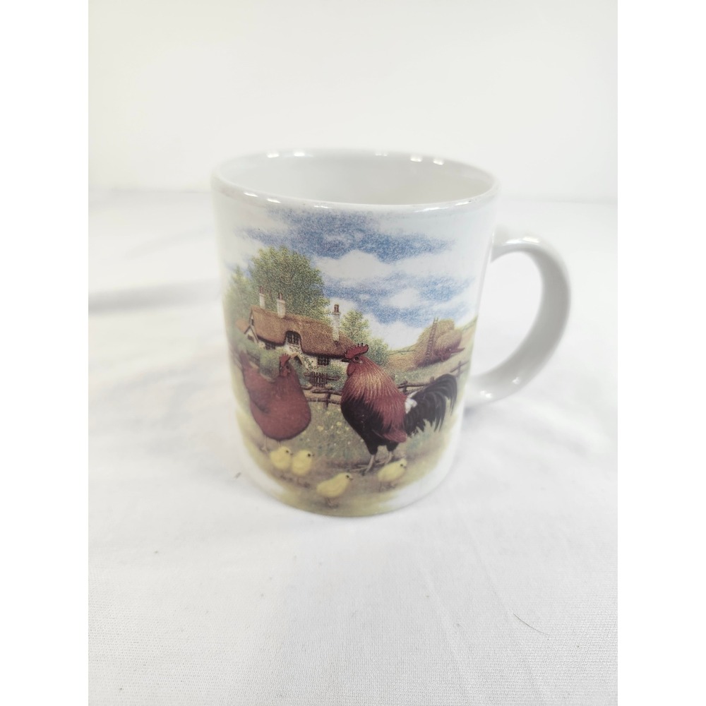Vintage Farmhouse Rooster and Hen Ceramic Coffee Mug Country Cottage Scene White
